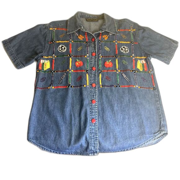 VTG Teacher School Novelty Embellished Womens Top Sz M Denim Y2K Button Up Cute - Picture 1 of 15